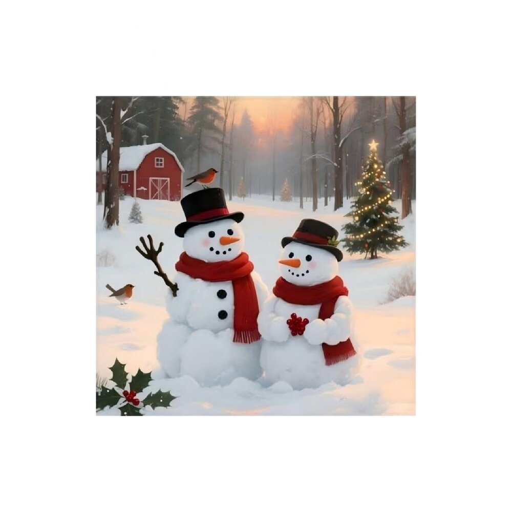 Christmas with Red Barn Unframed Canvas Wall Art 16" X 16"